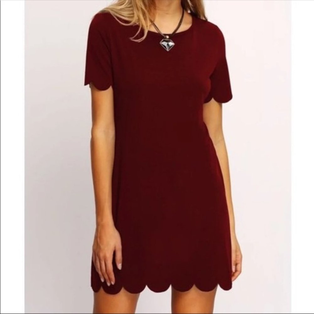 NWOT Shein Burgundy Shift Dress with Scallop Hem